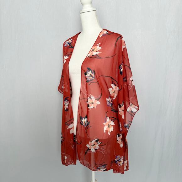 Emory Park Floral Sheer Kimono Burnt Orange Red Flowy, One Size - Picture 4 of 7